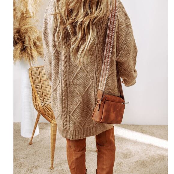 Cozy Solid Cable Knit Oversized Sweater Dress- Drop Shoulder Loose Fit Sweater - Picture 3 of 8